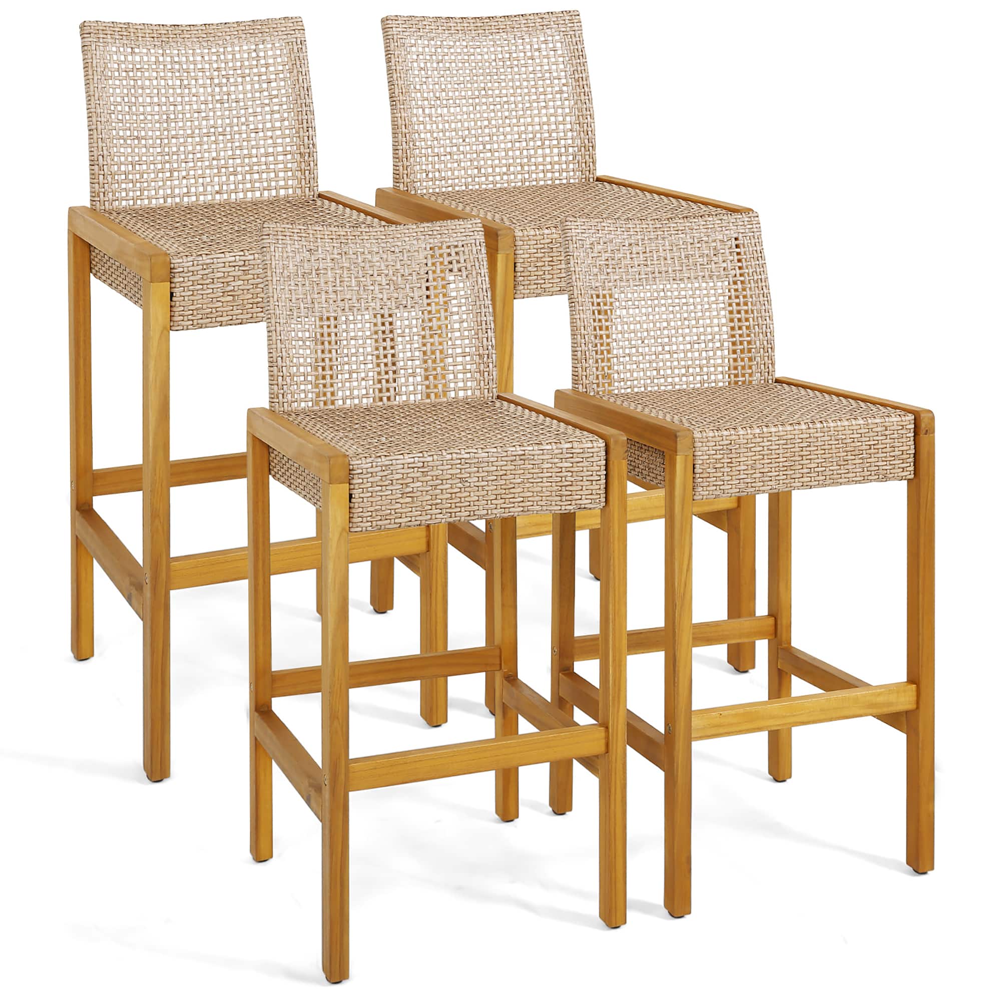 Gymax - Wicker Bar Stools Set of 4 Patio Chairs w/ Solid Wood Frame & Ergonomic Footrest Light Brown - Light Brown, Teak price history on PriceWatchPro