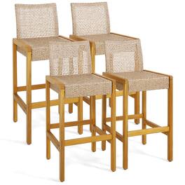 Gymax - Wicker Bar Stools Set of 4 Patio Chairs w/ Solid Wood Frame & Ergonomic Footrest Light Brown - Light Brown, Teak