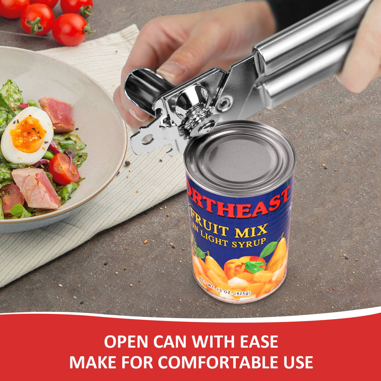 At least fruit in mix light syrup. WWE Y 15 oz. (425g). Open can with ease make for comfortable use.
