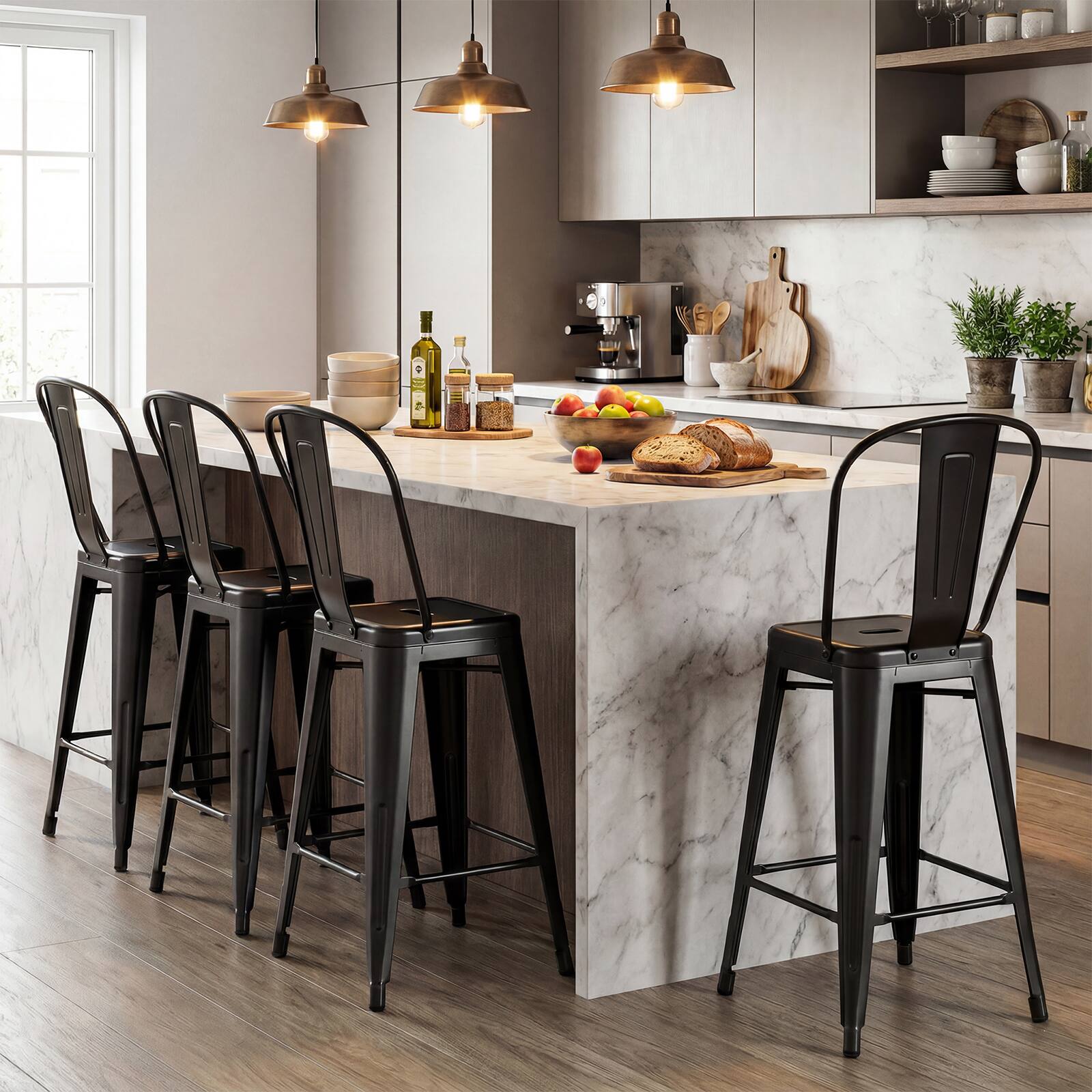 Alt View 5. Gymax - Gymax Metal Bar Stools Set of 4 24'' Counter Height Barstools w/ Backrests&Footrests Black - Black.