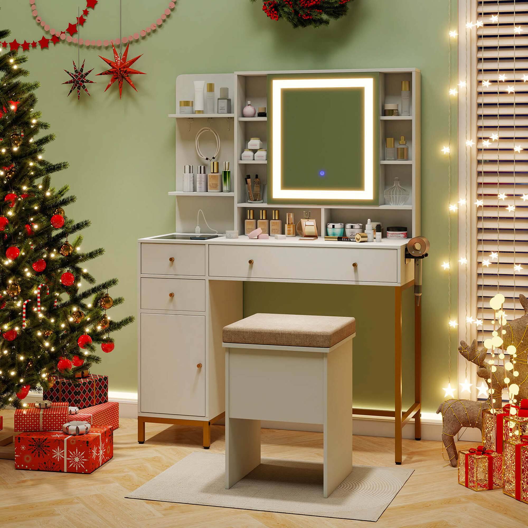 Alt View 1. Costway - Costway Makeup Vanity Desk with Lighted Mirror Charging Station 3-Color LED Lights - White.