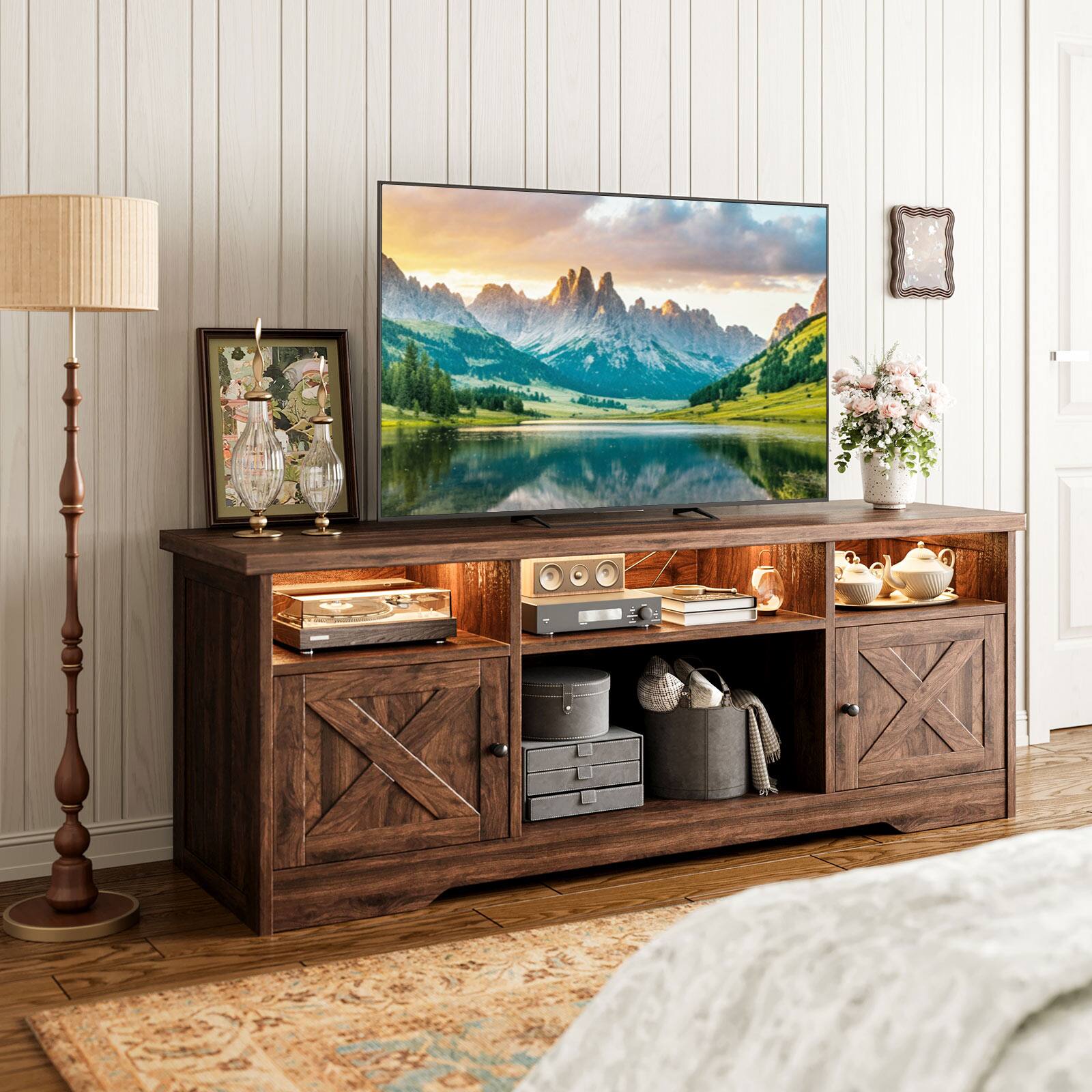 Alt View 1. AODK - TV Stand for 65-Inch TVs with Built-In Power Outlet and LED Lighting, Farmhouse Entertainment Center with Storage - Walnut.