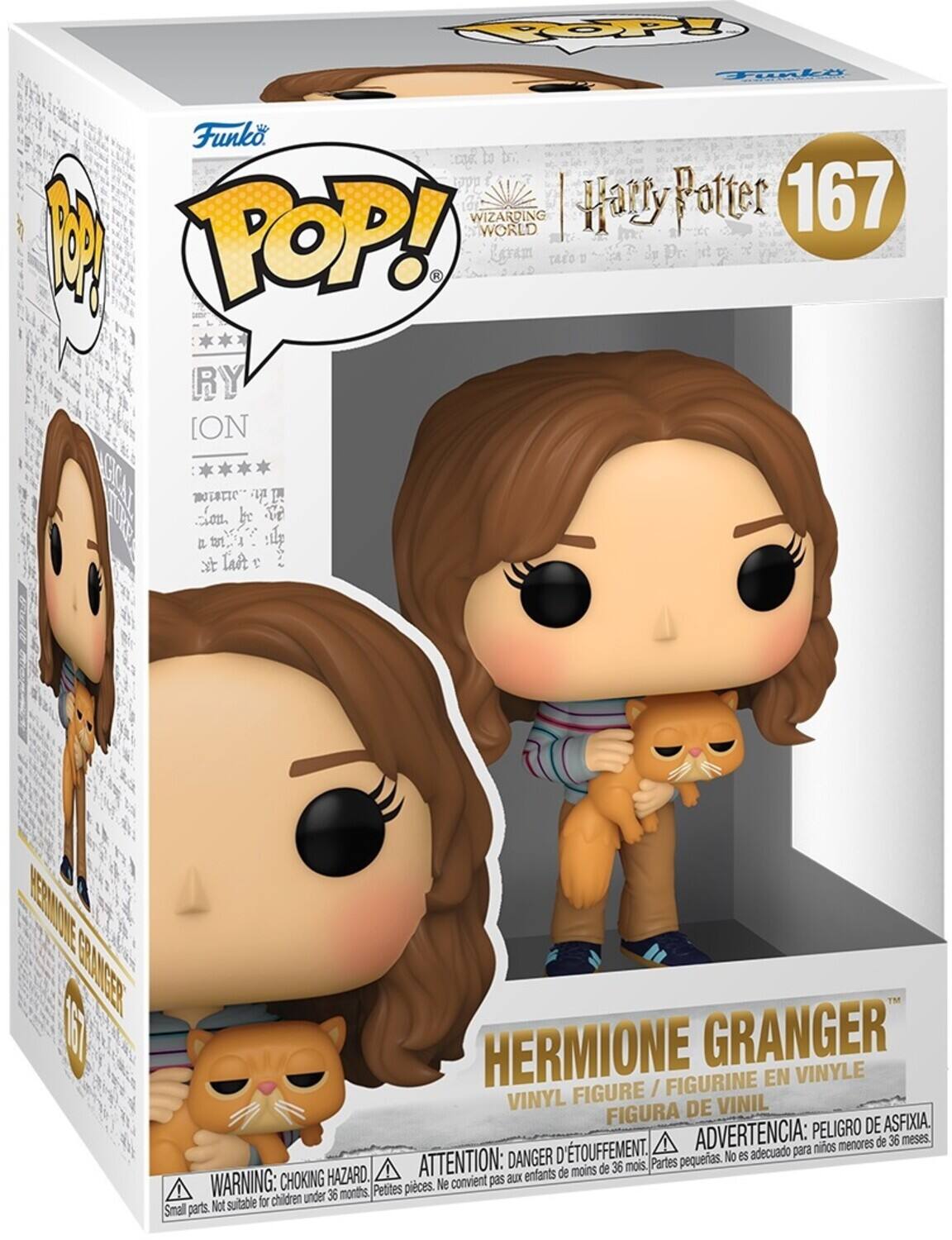 Sure, here is the corrected and grouped text from the image:

---

**Funko POP!**

**Harry Potter 167**

**HERMIONE GRANGER**

VINYL FIGURE / FIGURINE EN VINYLE / FIGURA DE VINIL

**WARNING: CHOKING HAZARD.** Small parts. Not suitable for children under 36 months.

**ATTENTION: DANGER D'ÉTOUFFEMENT.** Petites pièces. Ne convient pas aux enfants de moins de 36 mois.

**ADVERTENCIA: PELIGRO DE ASFIXIA.** Partes pequeñas. No es adecuado para niños menores de 36 meses.

---

This text is from the packaging of a Funko Pop! vinyl figure of Hermione Granger from the Harry Potter series.
