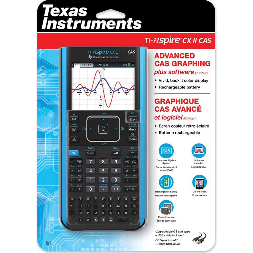 Texas Instruments TI-nspire CX II CAS

Advanced CAS Graphing plus software (PC/Mac)

- Vivid, backlit color display
- Rechargeable battery
- Computer Algebra System (CAS)
- Software included
- Color screen
- Protective case
- Upgradeable OS and apps
- USB cable included

Graphique CAS Avancé et logiciel (PC/Mac)

- Écran couleur rétro éclairé
- Batterie rechargeable
- Capacités de calcul formel (CAS)
- Logiciel inclus
- Écran couleur
- Étui de protection
- OS/apps évolutif
- Câble USB inclus