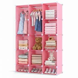 Costway - 13-Cube Modular Baby Wardrobe Closet with Hanging Rods & Open Shelves for Clothes - Pink