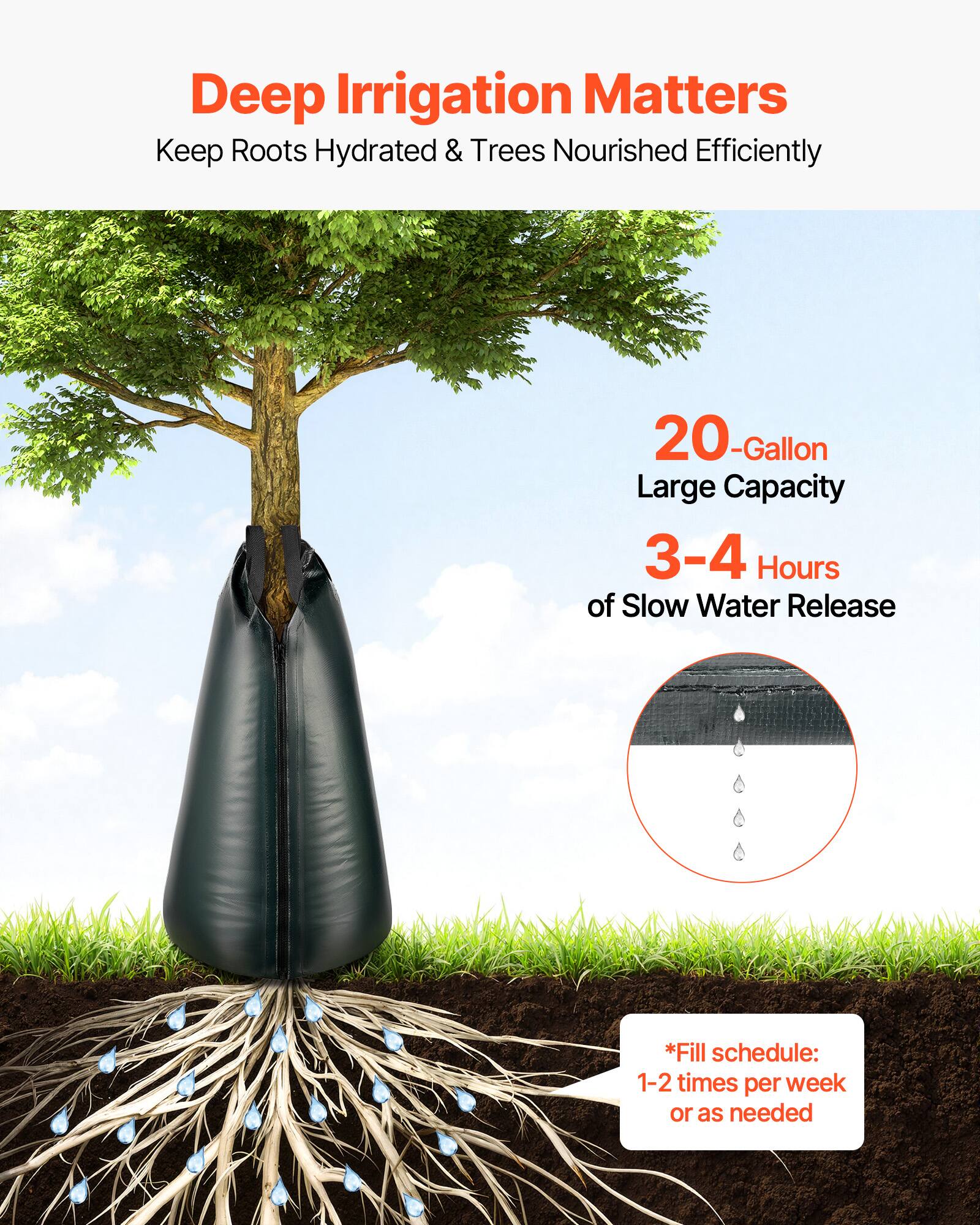 Deep Irrigation Matters  
Keep Roots Hydrated & Trees Nourished Efficiently  

20-Gallon  
Large Capacity  
3-4 Hours of Slow Water Release  

*Fill schedule: 1-2 times per week or as needed