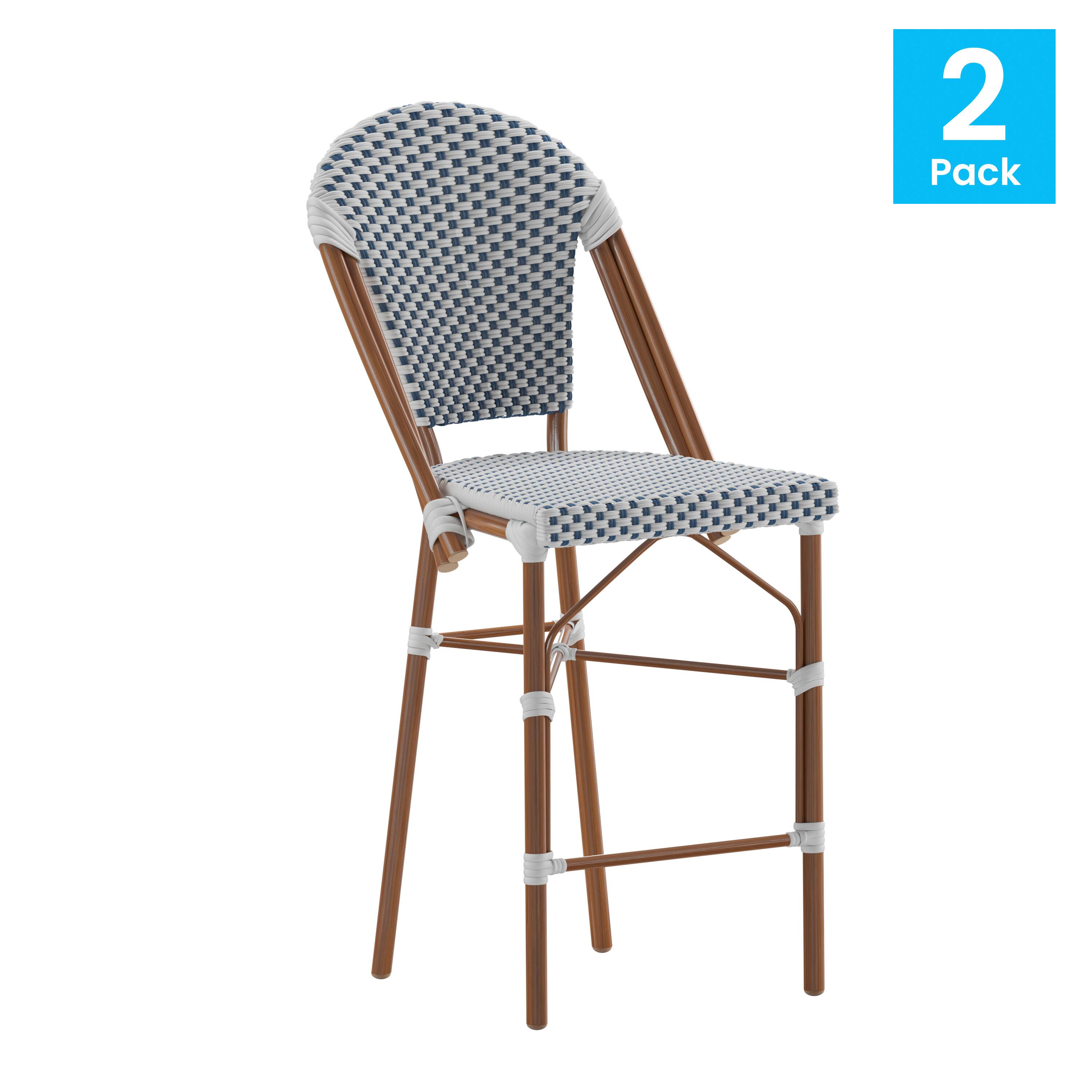 Alt View 1. Emma + Oliver - Colmar Set of Two Indoor/Outdoor 26" High Stacking Bistro Counter Stools with Patterned Seat and Back and Metal Frames - White & Navy/Natural Frame.