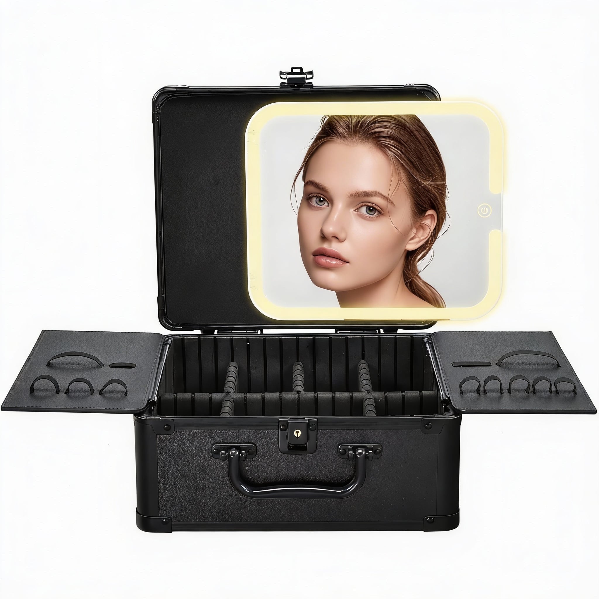 METALTON - Makeup Box With Magnetic Lighted Up Mirror Organizer Travel Case Portable Vanity Colors Led Mirrormake Suit - Black