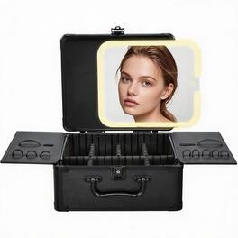 OMOMMD - Makeup Box With Magnetic Lighted Up Mirror Organizer Travel Case Portable Vanity Colors Led Mirrormake Suit - Black