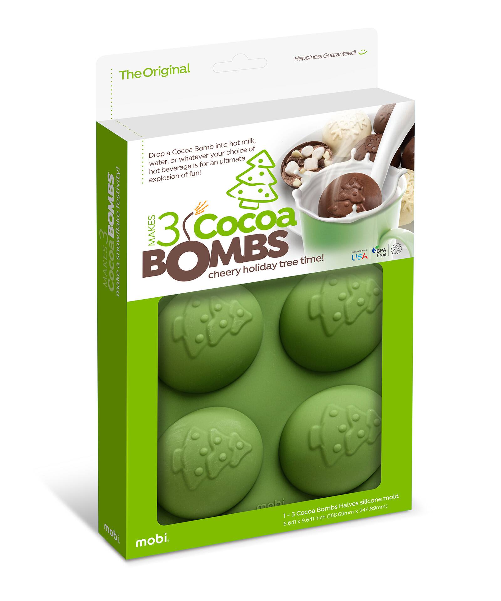 The Original Happiness Guaranteed! Drop a Cocoa Bomb into hot milk, water, or whatever your choice for an ultimate explosion of fun! 3 Cocoa Bombs make BPA Free USA CoCoa Bombs cheery holiday tree time! 1-3 Cocoa Bombs Halves silicone mold 6.641 x 9.641 inch (168.69mm x 244.89mm)