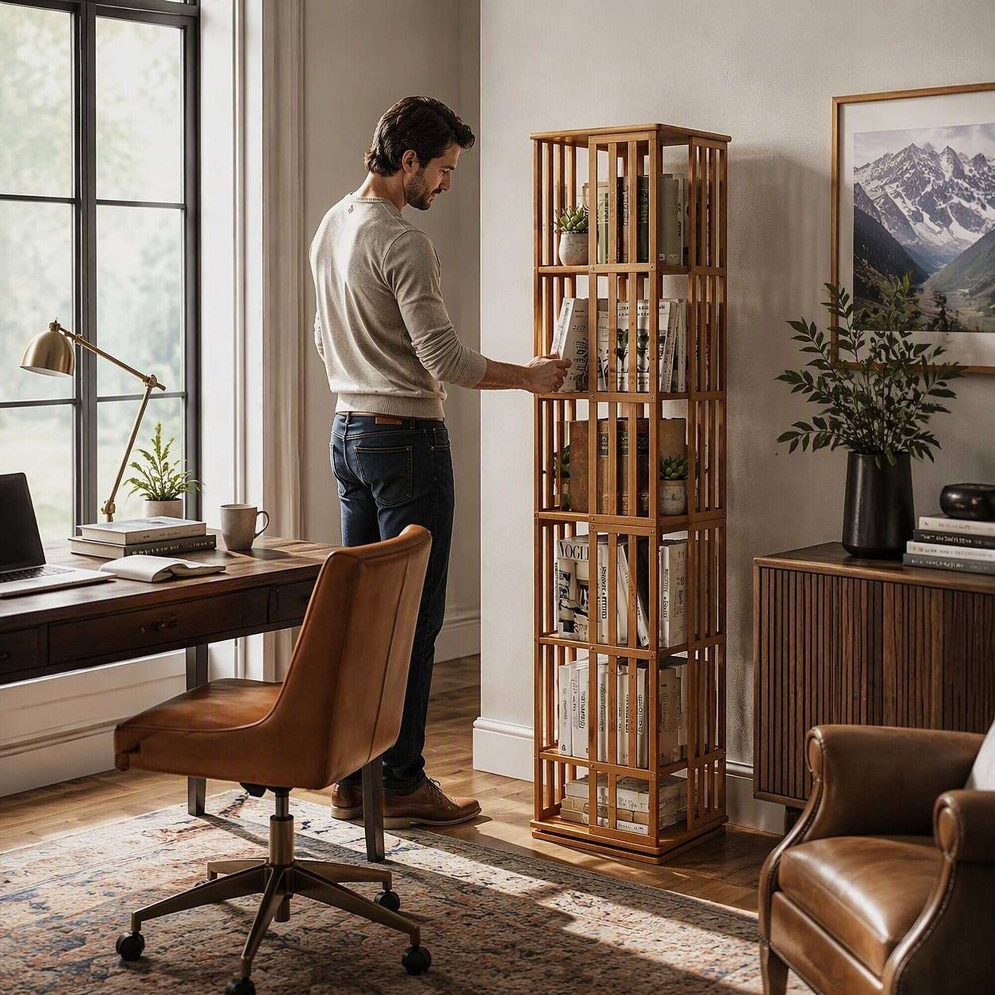 Back. RYHNUYNE - 70 in 6-Tier 360° Rotating Bookshelf Tower Bamboo Narrow Floor Standing Spinning Bookcase Storage Rack - Brown.