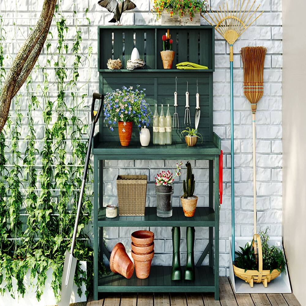 Left. Loheer - Loheer Wooden Potting Bench Outdoor Garden Workstation with Shelves Green - Green.
