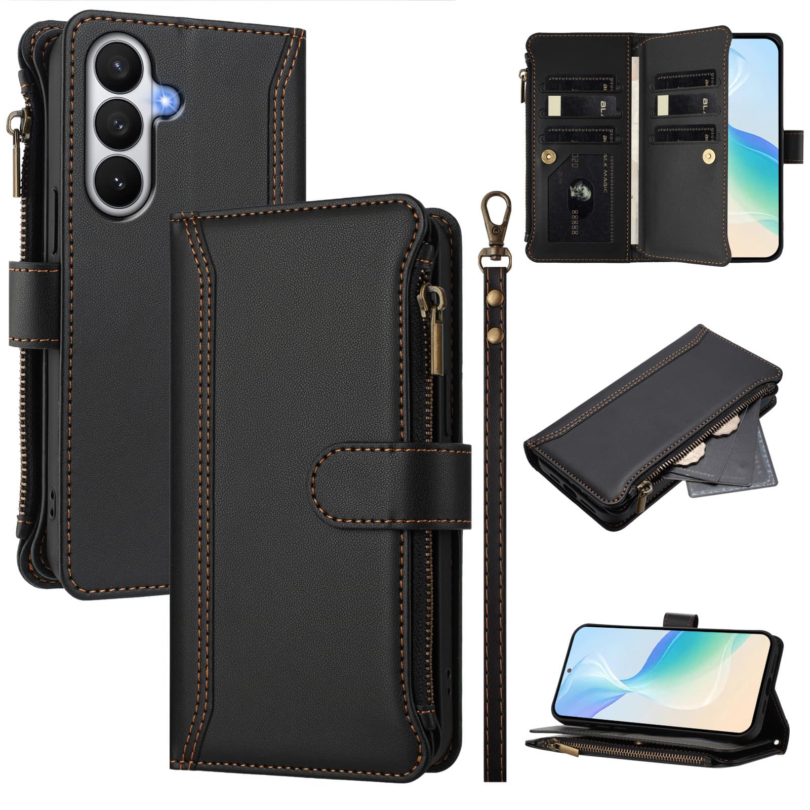 Dteck - Crossbody Wallet Case for Samsung Galaxy S26+, Shockproof Zipper PU Leather Flip Stand Cover with 9 Card Slots - Black