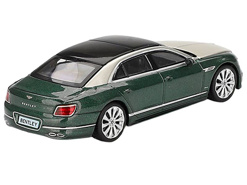 Left. Mini GT - Bentley Flying Spur White Sand and Verdant Green Metallic with Black Top Limited Edition 1/64 - White, Green, Black.