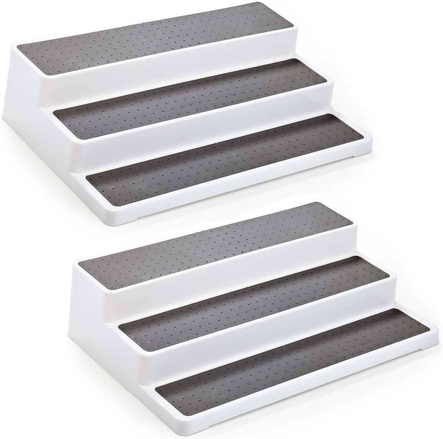 Home Intuition - 3-Tier Non-Skid Spice Rack Step Shelf Pantry Kitchen Cabinet Organizer, 14.4-inch, White-Grey, 2 Pack - Clear