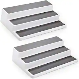 Home Intuition - 3-Tier Non-Skid Spice Rack Step Shelf Pantry Kitchen Cabinet Organizer, 14.4-inch, White-Grey, 2 Pack - Clear