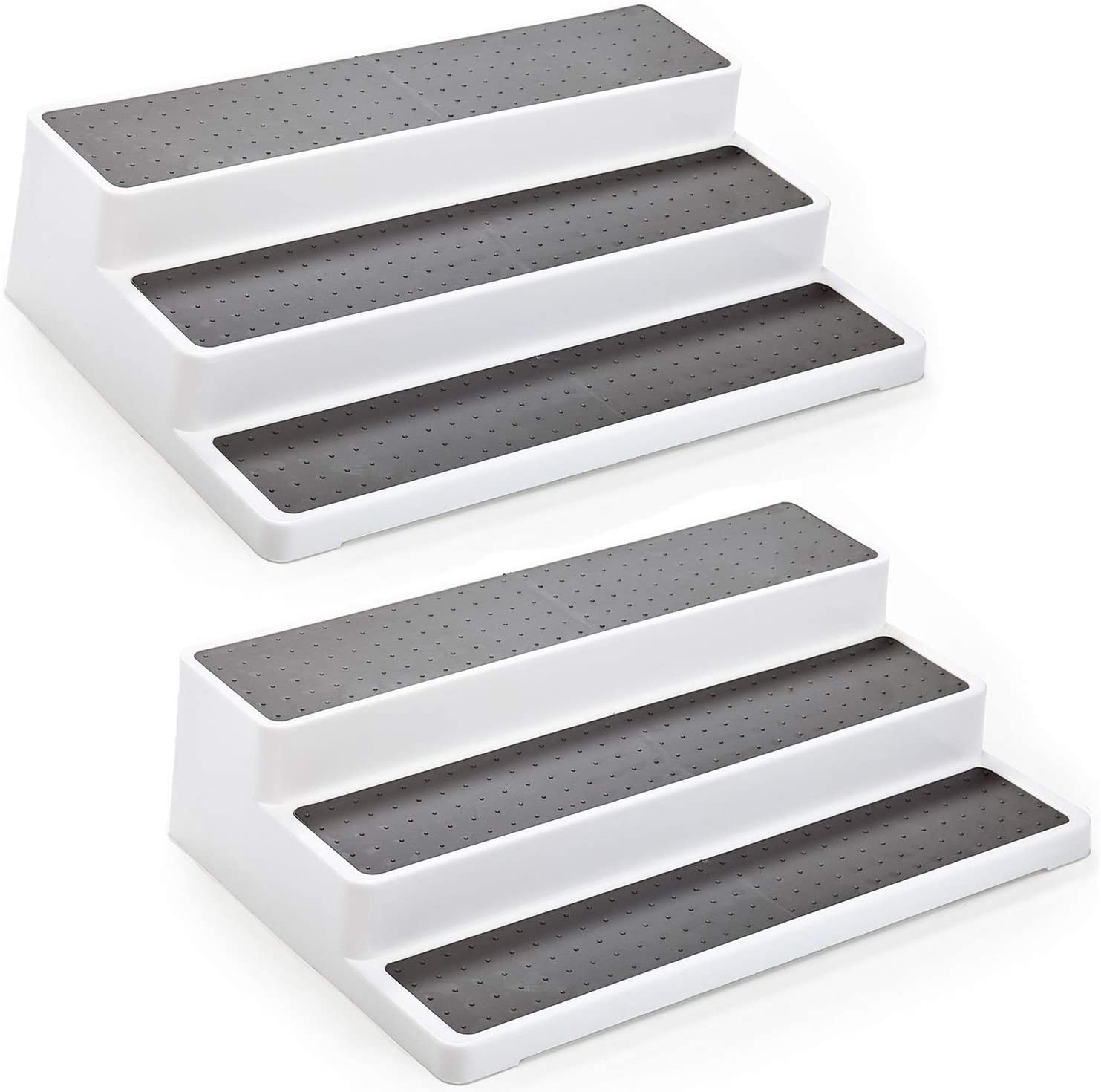Home Intuition - 3-Tier Non-Skid Spice Rack Step Shelf Pantry Kitchen Cabinet Organizer, 14.4-inch, White-Grey, 2 Pack - Clear
