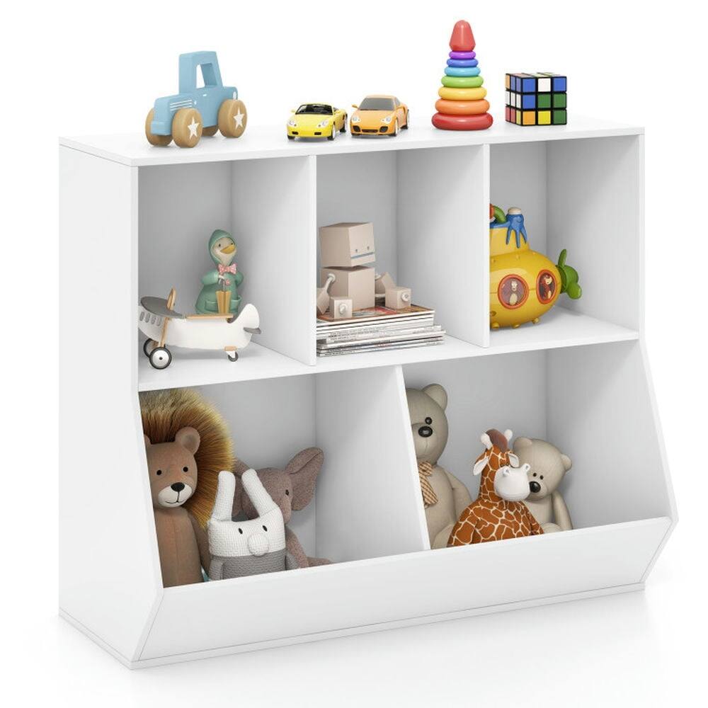 Angle. Pefilos - 5-Cube Wooden Kids Toy Storage Organizer with Anti-Tipping Kits-White, Toy Organizer for Kids, Boys, Girls, Nursery - White.