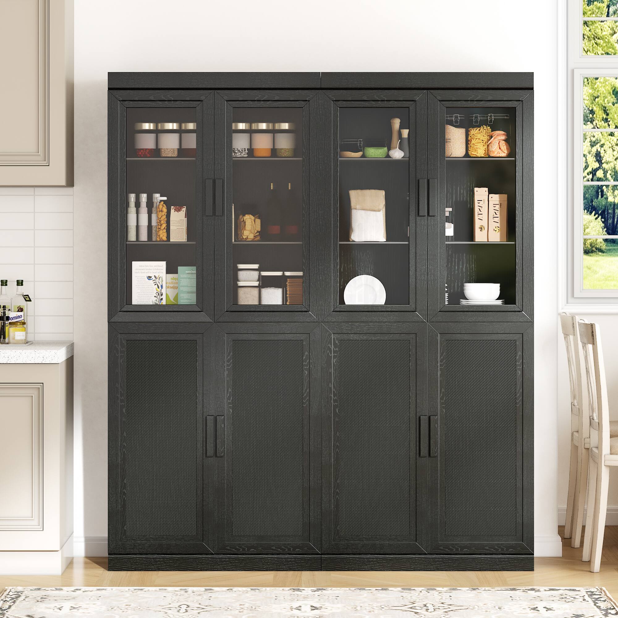 Alt View 1. PexFix - Farmhouse Sideboard & Food Pantry, 72" H Solid Wood Cabinet with Woven Doors and Adjustable Shelves – Ideal for Entryway - Black.