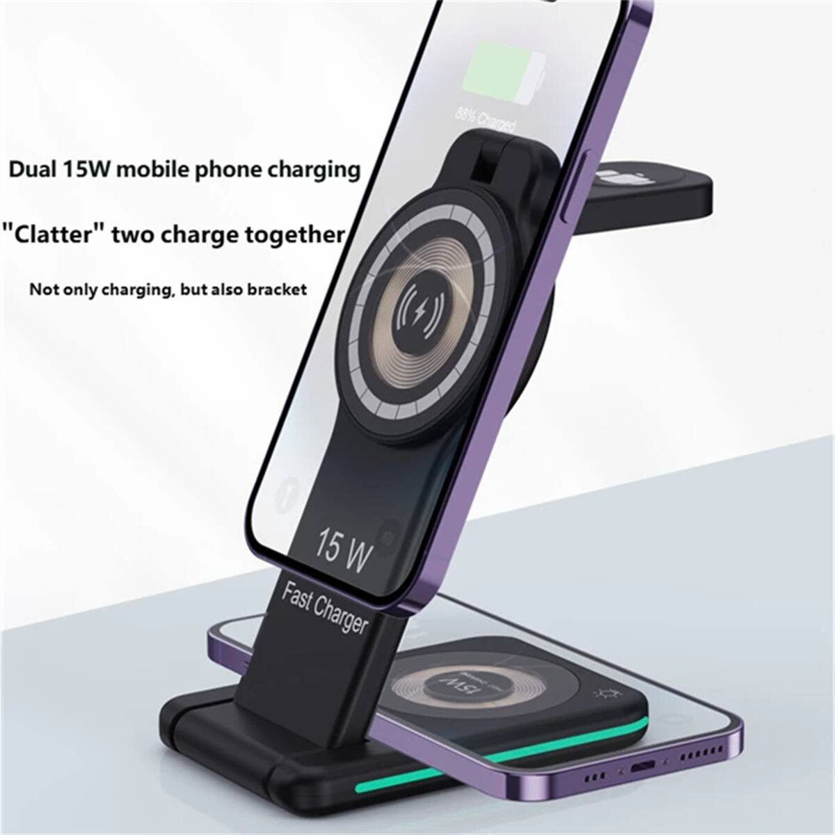 Dual 15W mobile phone charging  
"Clatter" two charge together  
Not only charging, but also bracket  

15 W  
Fast Charger