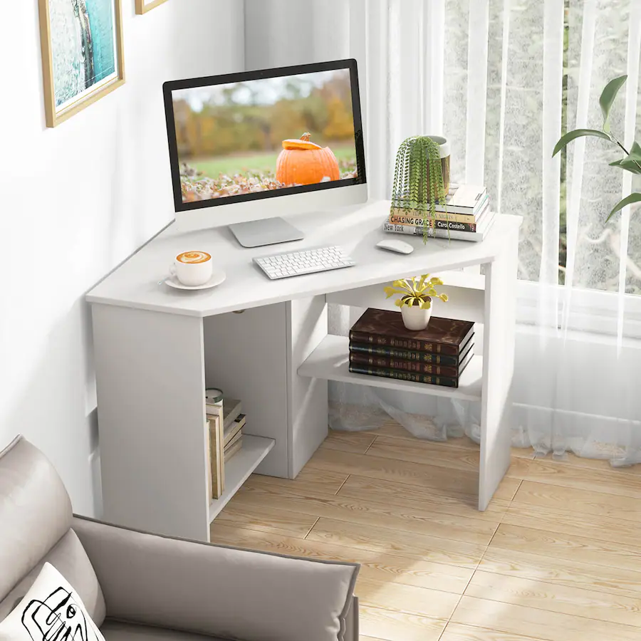 Triangle Top Computer Table Costway Triangle Corner Computer Desk with Storage Shelf White ...