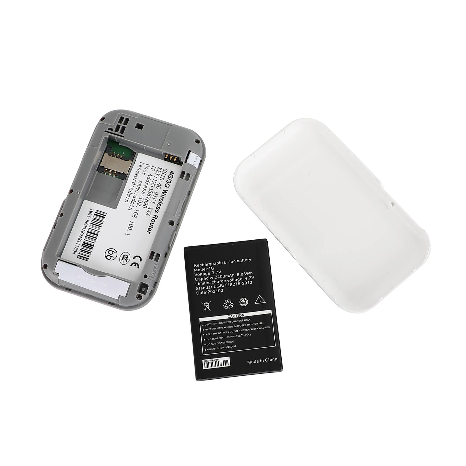 TOMT 8600 NG1 7338  
User di KEY: SSID: 4G/3G  
Password: admin admin  
Address 234567890  
MIFI Wireless 4G  
Router pb 2 CE  
Rechargeable Li-ion battery  
Model: 4  
Voltage: 3.7V  
Capacity: 2400mAh  
Charge voltage: 5V  
Limited Standard: Go/T18276  
Date: 202103  
ESERN ST ue S - SAU - - - - .... - 10 - - MVE -Um LM s/S07  
Made in China