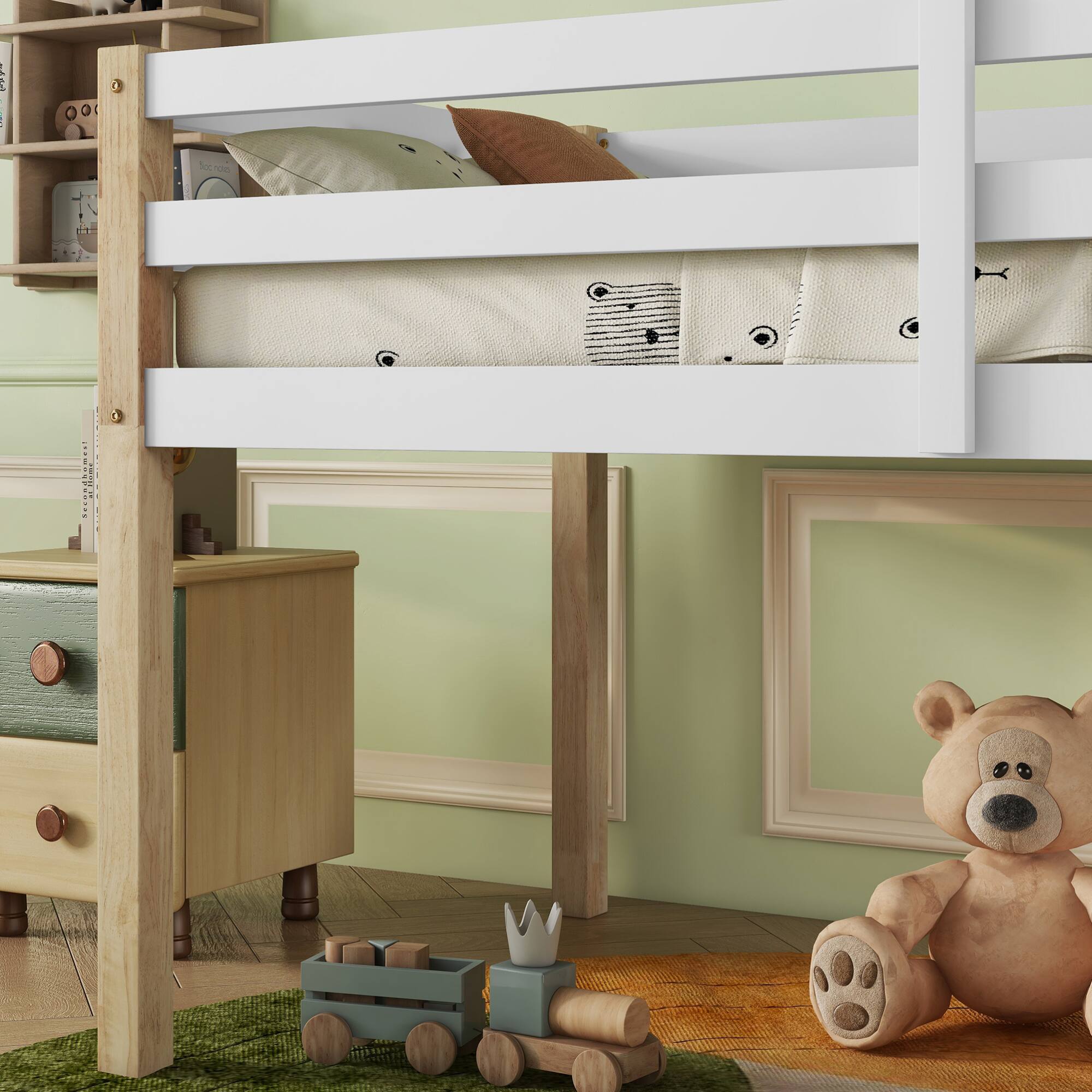 Alt View 9. GOODSILO - Solid Wood Twin Loft Bed with Ladder and Strengthened Slats for Enhanced Stability and Space Optimization - Natural+White.