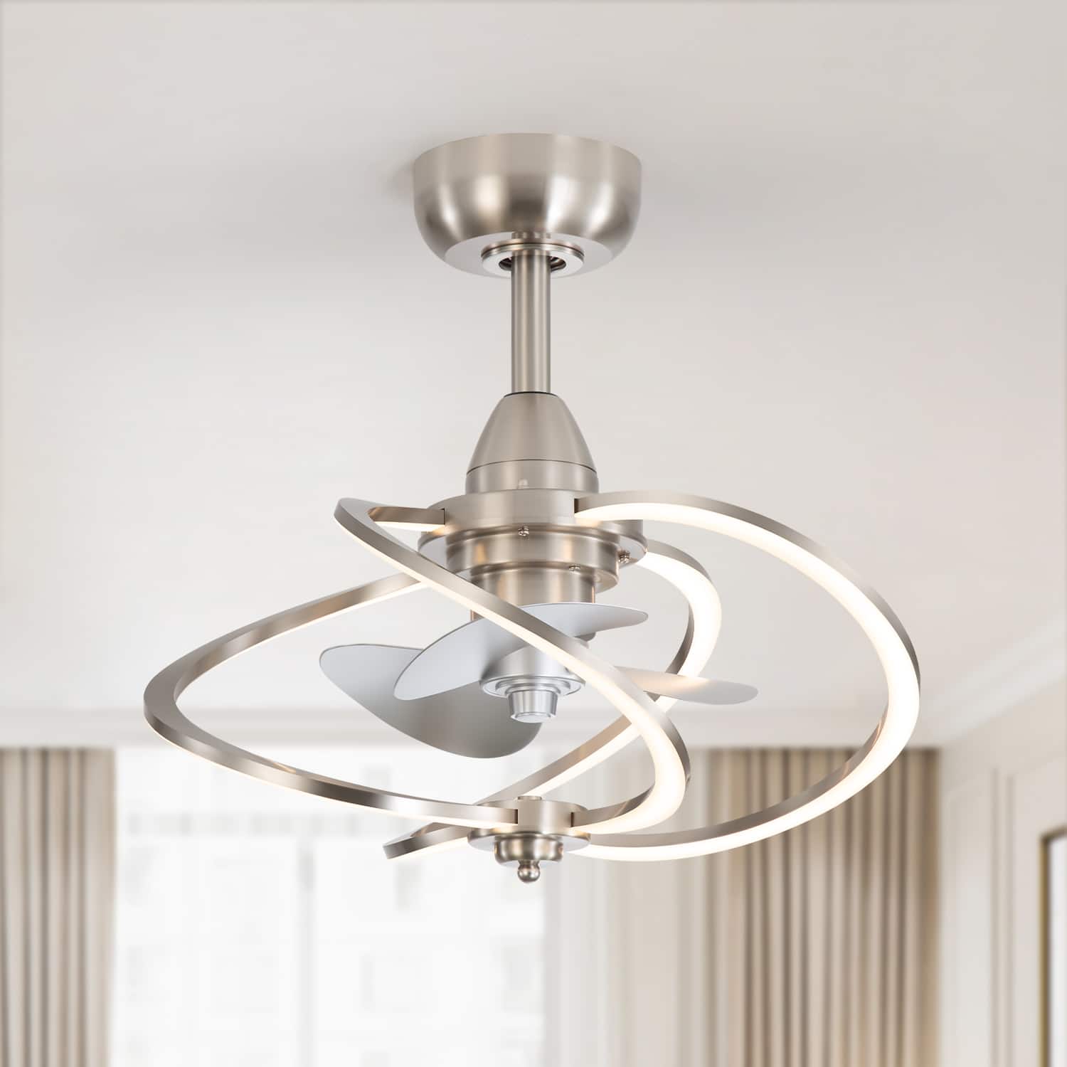 Front. Breezary - 20-Inch Indoor Gyro Cage Ceiling Fan with Light Kit, 3 ABS Blades, DC Motor, 6-Speed Remote Control, Timer, 6-In Downrod - Satin Nickel and Silver.