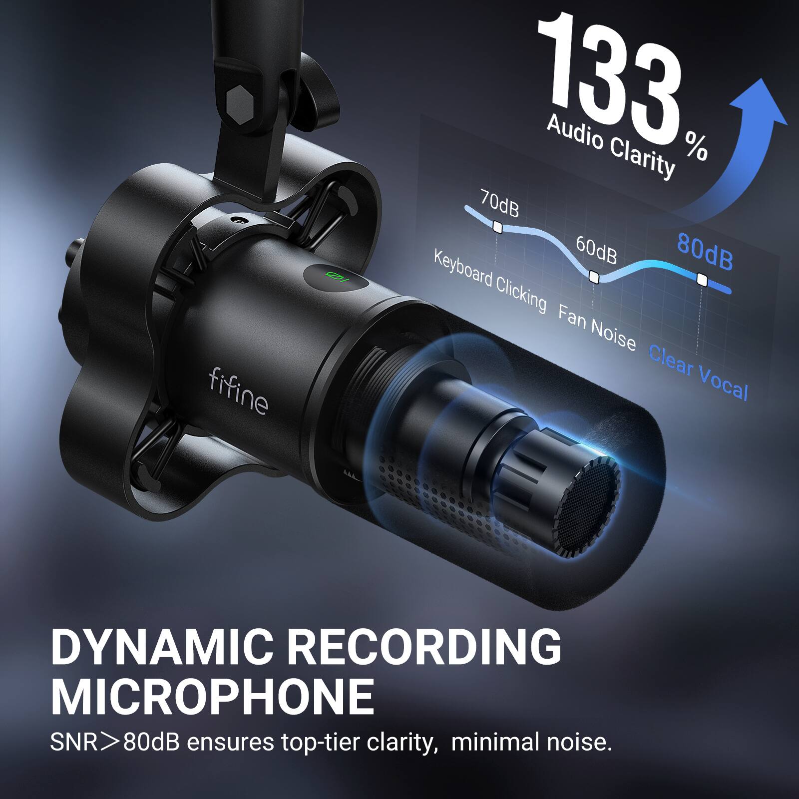 fifine 133% Audio Clarity % 70dB 60dB 80dB Keyboard Clicking Fan Noise Clear Vocal DYNAMIC RECORDING MICROPHONE SNR 80dB ensures top-tier clarity, minimal noise.