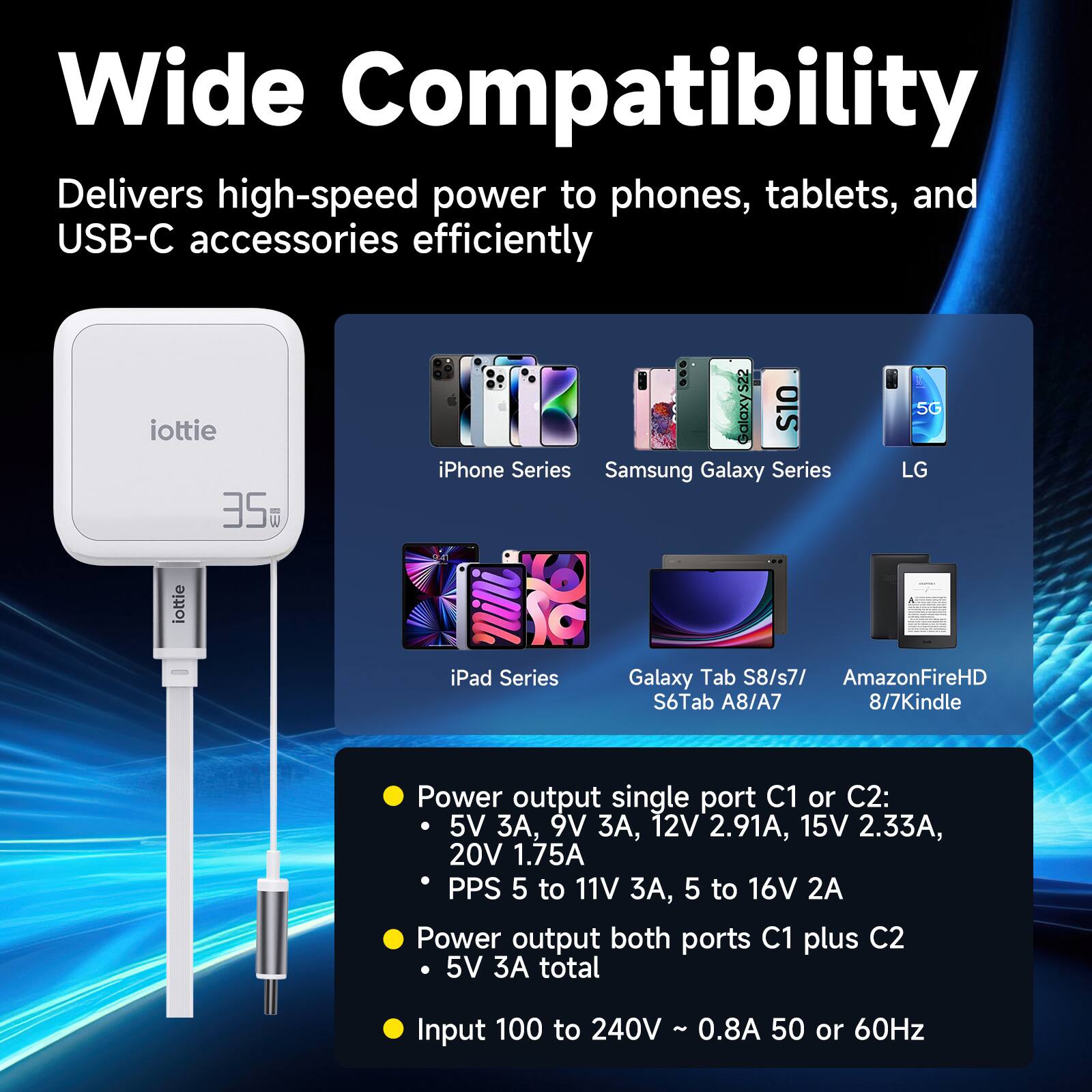 Wide Compatibility  
Delivers high-speed power to phones, tablets, and USB-C accessories efficiently  

iottie 35W  
Galaxy S2, S10, SG  
iPhone Series  
Samsung Galaxy Series  
LG  
iPad Series  
Galaxy Tab S8/s7/ Amazon FireHD S6Tab A8/A7  
8/7 Kindle  

Power output single port C1 or C2:  
5V 3A, 9V 3A, 12V 2.91A, 15V 2.33A, 20V 1.75A  
PPS 5 to 11V 3A, 5 to 16V 2A  

Power output both ports C1 plus C2:  
5V 3A total  

Input 100 to 240V - 0.8A 50 or 60Hz