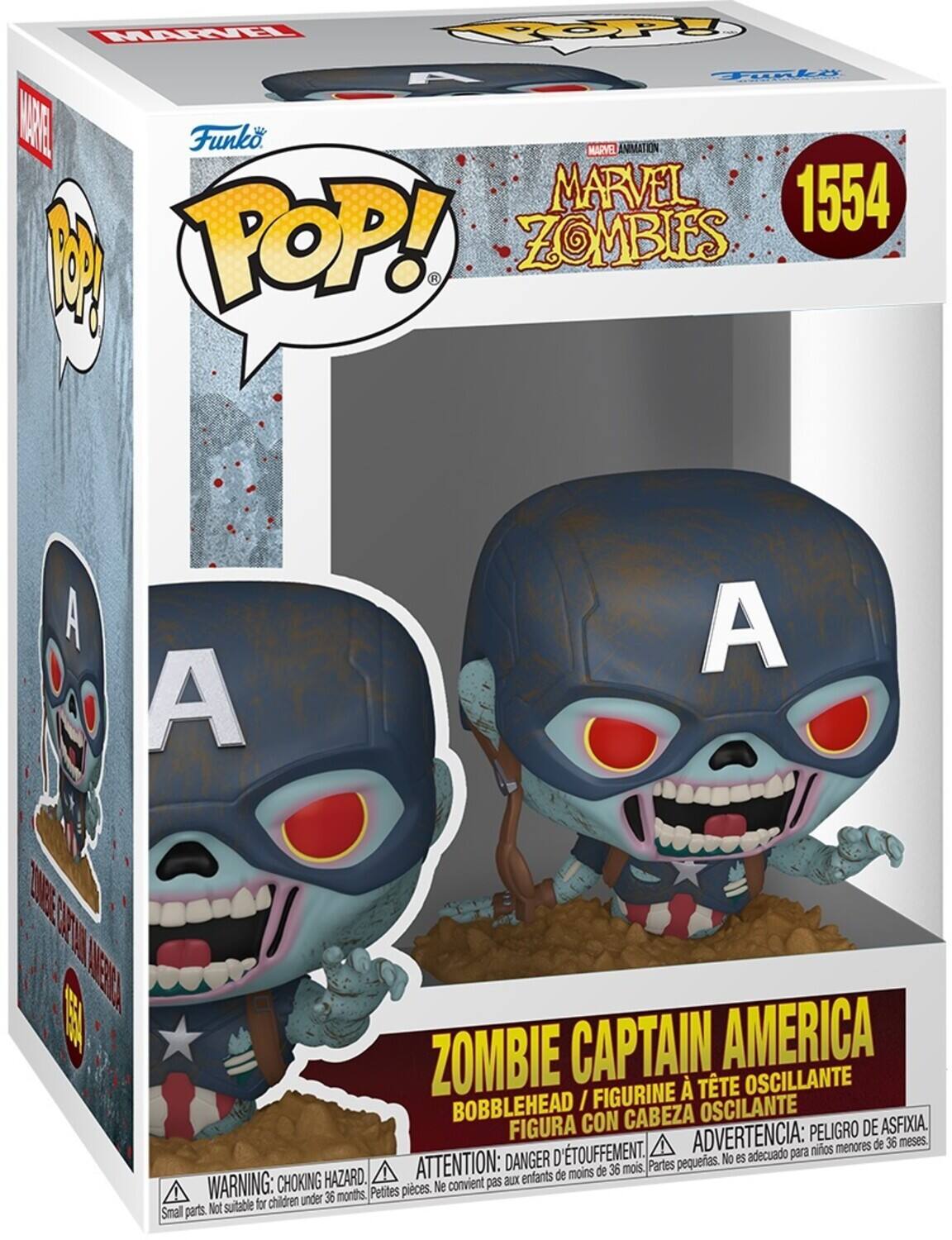 Sure, here is the corrected and grouped text from the image:

---

**MARVEL ANIMATION**  
**MARVEL ZOMBIES**  
**1554**

**ZOMBIE CAPTAIN AMERICA**  
**BOBBLEHEAD / FIGURINE À TÊTE OSCILLANTE / FIGURA CON CABEZA OSCILANTE**

**WARNING: CHOKING HAZARD.**  
**ATTENTION: DANGER D'ÉTOUFFEMENT.**  
**ADVERTENCIA: PELIGRO DE ASFIXIA.**  
**Small parts. Not suitable for children under 36 months.**  
**Petites pièces. Ne convient pas aux enfants de moins de 36 mois.**  
**Partes pequeñas. No es adecuado para niños menores de 36 meses.**

---

This text is from the packaging of a Funko Pop! figure.