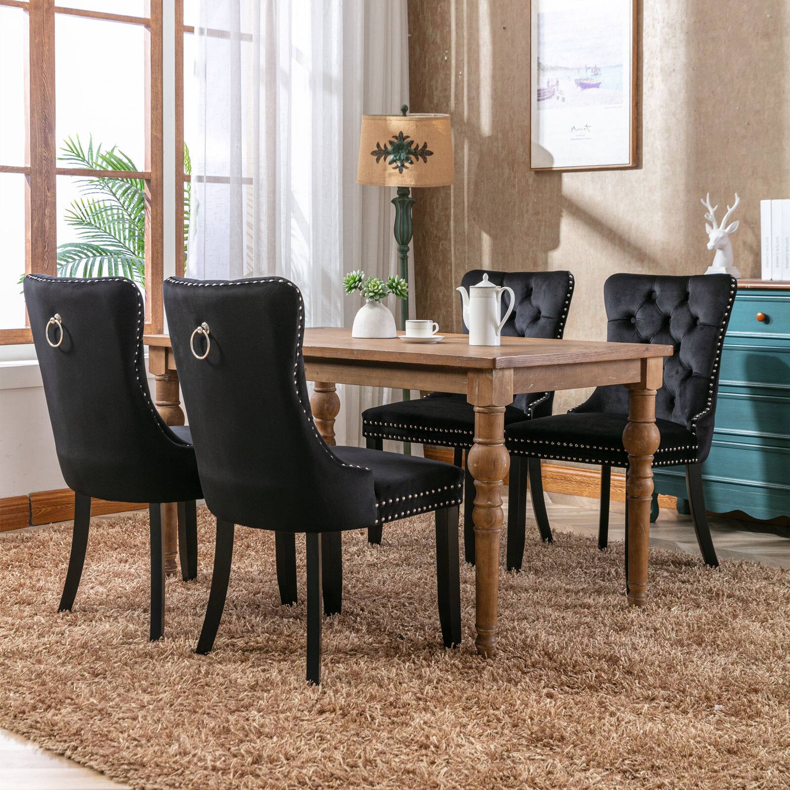 Back. Z-Edge - Velvet Dining Chairs Set of 2, Upholstered High-end Tufted Dining Room Chair with Nailhead Back Ring Pull Trim Wood Legs - Black.