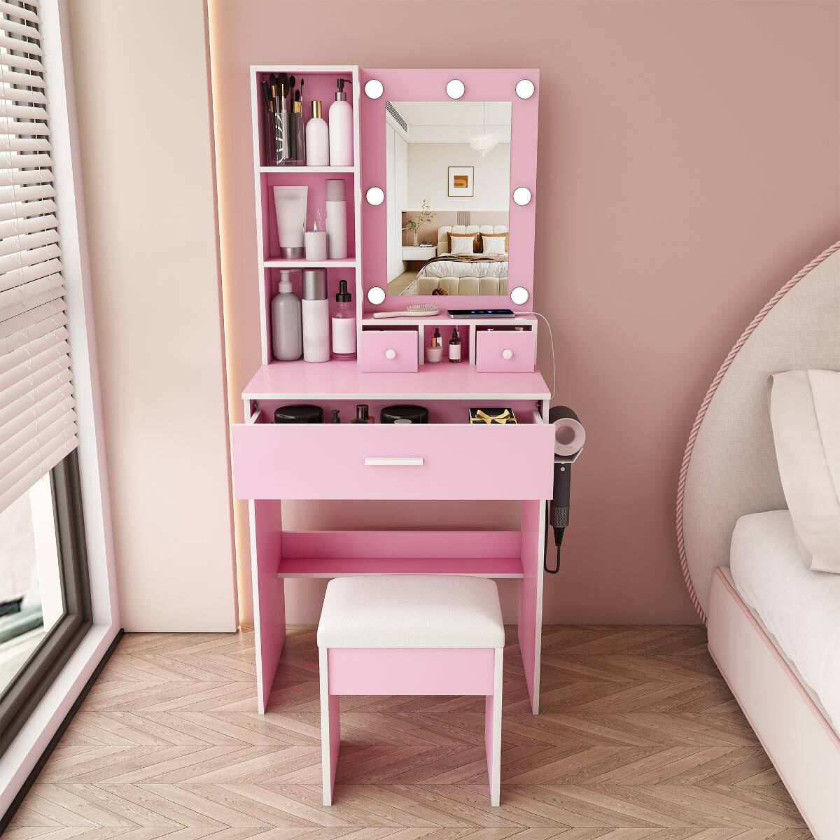 Alt View 6. Loheer - Loheer Makeup Vanity with Adjustable LED Lights, Mirror and Stool for Small Bedrooms, Pink - Pink.