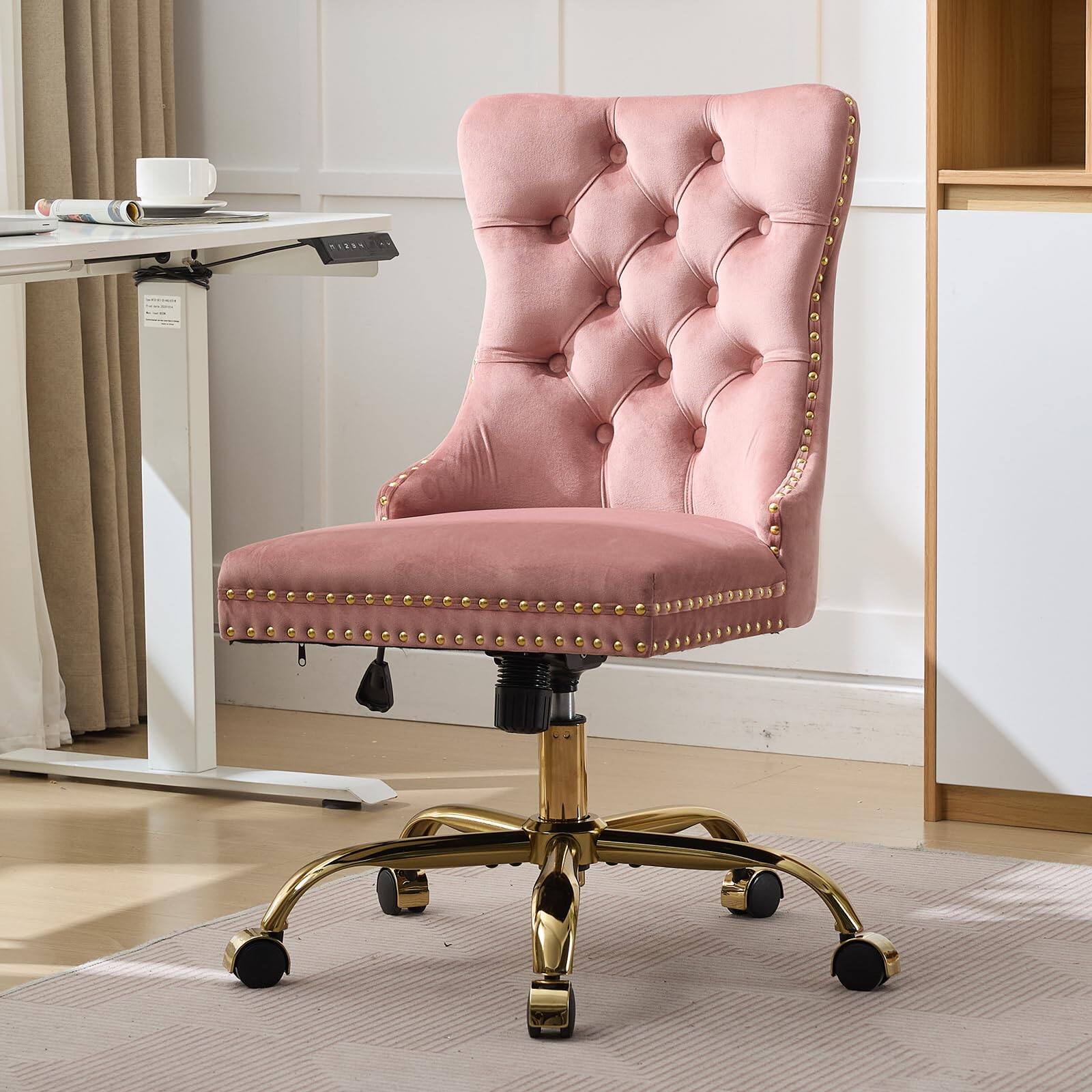 Alt View 1. Ecooso - Modern Velvet Upholstered Tufted Button Home Office Chair with Metal Base,Adjustable Swivel Chair (Pink) - Pink.