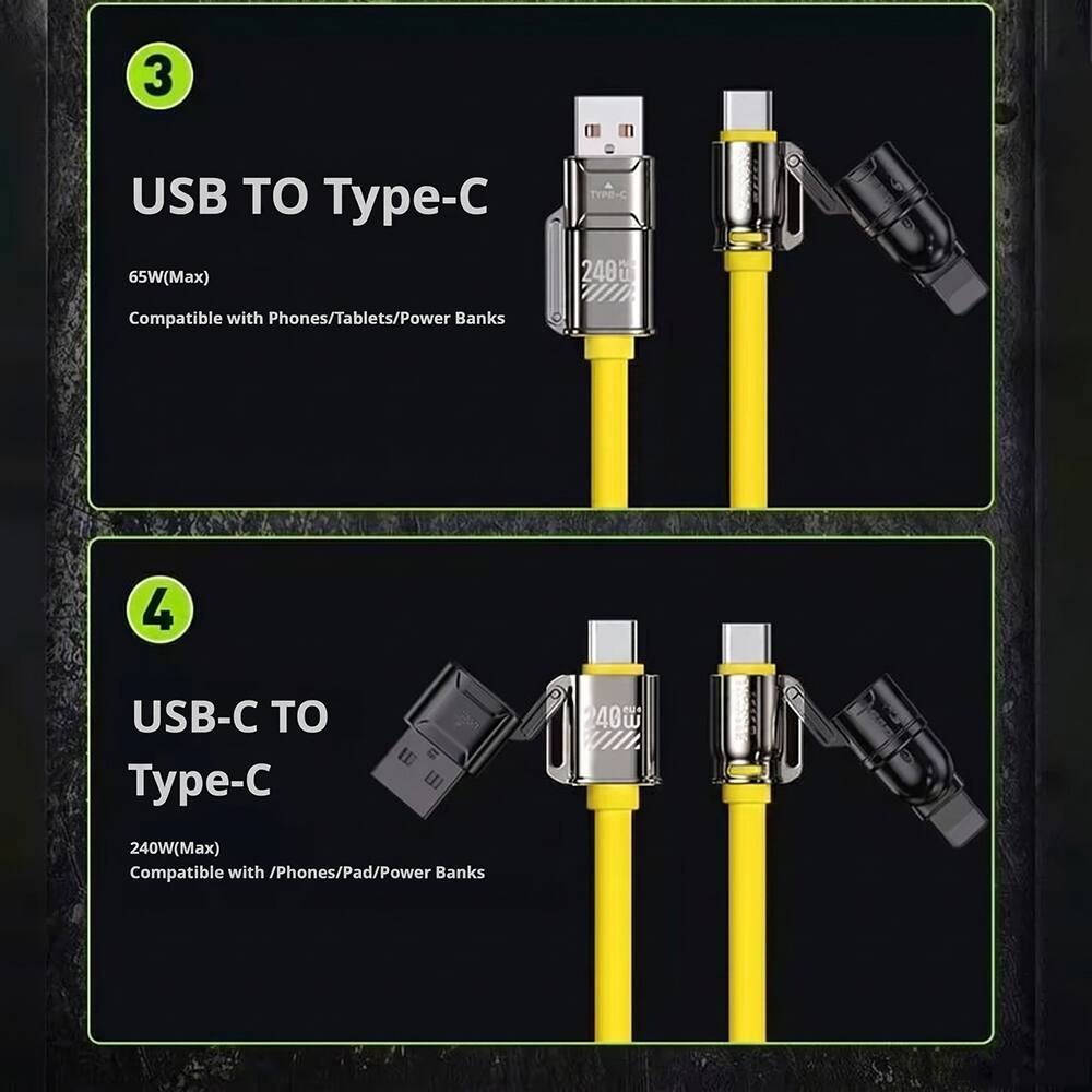 3 USB TO Type-C  
65W(Max)  
Compatible with Phones/Tablets/Power Banks  

4 USB-C TO Type-C  
240W(Max)  
Compatible with Phones/Pad/Power Banks
