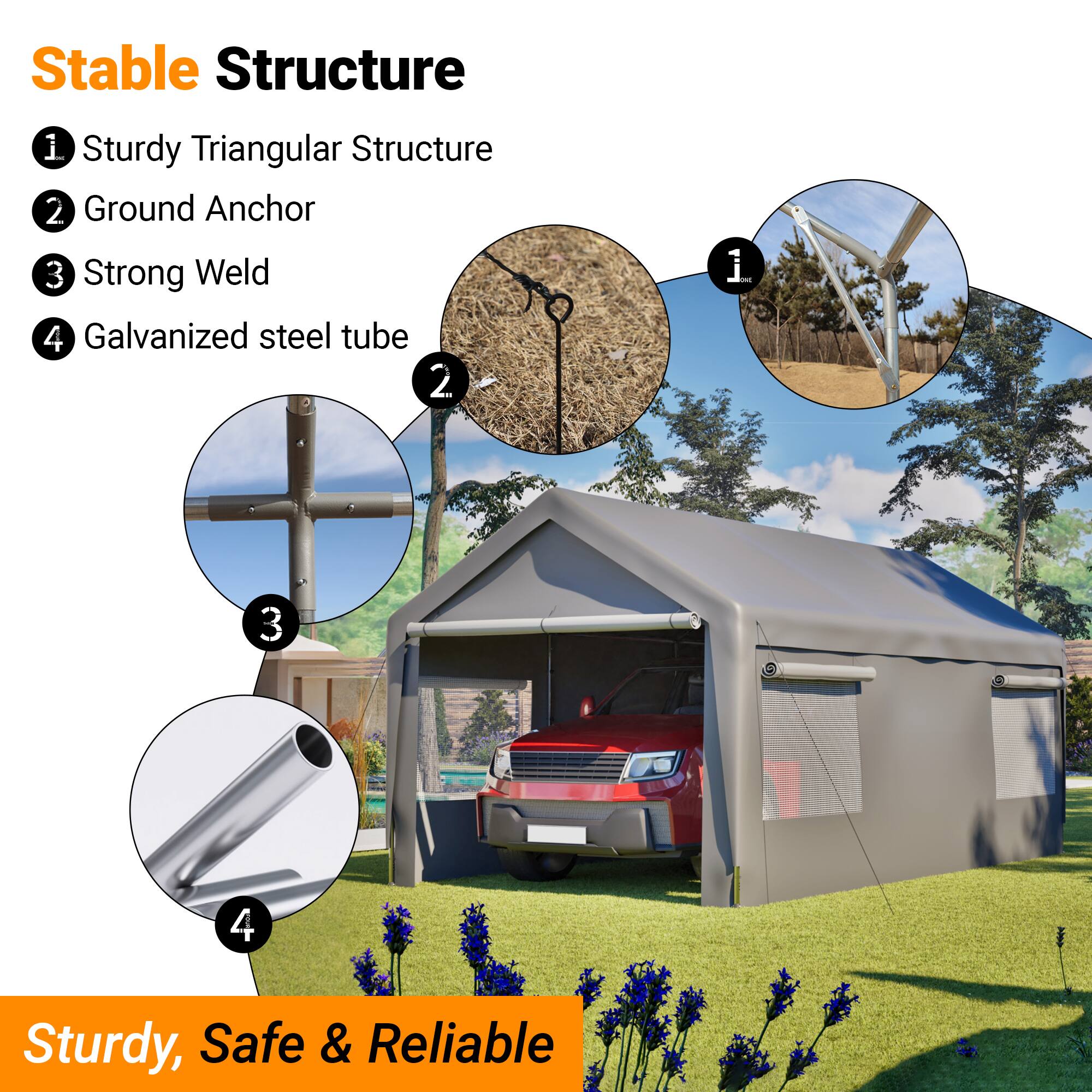 Stable Structure

1. Sturdy Triangular Structure
2. Ground Anchor
3. Strong Weld
4. Galvanized steel tube

Sturdy, Safe & Reliable