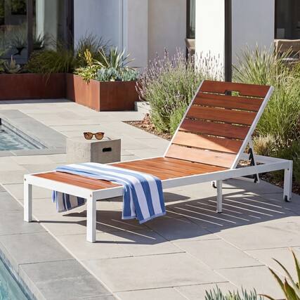 Front. Whisen - Outdoor Chaise Lounge Chair with 6-Position Adjustable Backrest, Durable Acacia Wood and Steel Patio Recliner - White|Brown.