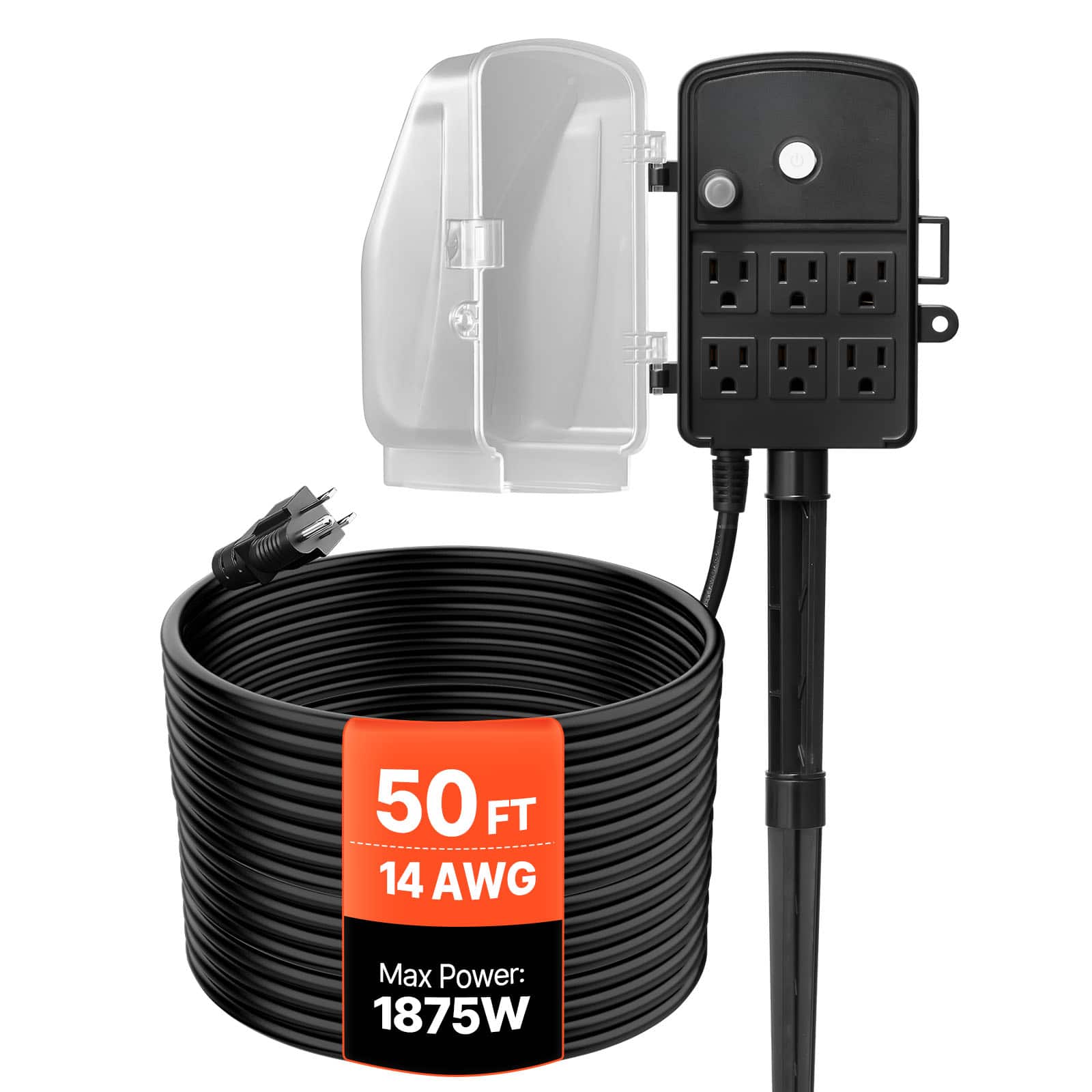 VEVOR - Outdoor Power Stake, 50 FT Extension Cord, Outdoor Power Strip Weatherproof with Cover and Overload Protection,6 Outlets - Black