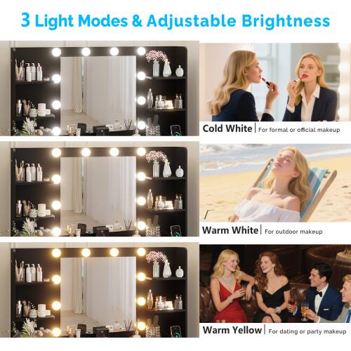 3 Light Modes & Adjustable Brightness

Cold White | For formal or official makeup

Warm White | For outdoor makeup

Warm Yellow | For dating or party makeup
