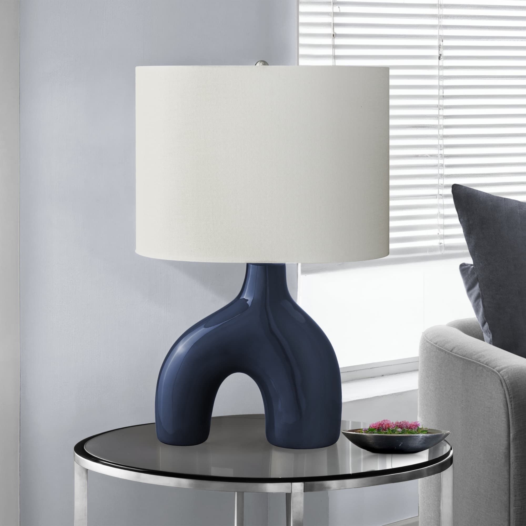 Left. Luckbyte - 25 Inch Blue Ceramic Table Lamp Ivory Cream Shade Contemporary Modern Lamp.