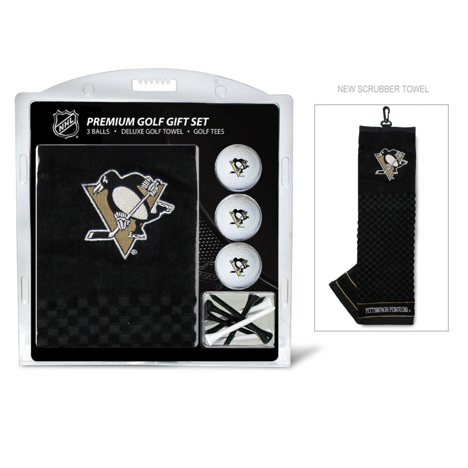 NEW SCRUBBER TOWEL  
NHL PREMIUM GOLF GIFT SET  
3 BALLS • DELUXE GOLF TOWEL • GOLF TEES  
PITTSBURGH PENGUINS
