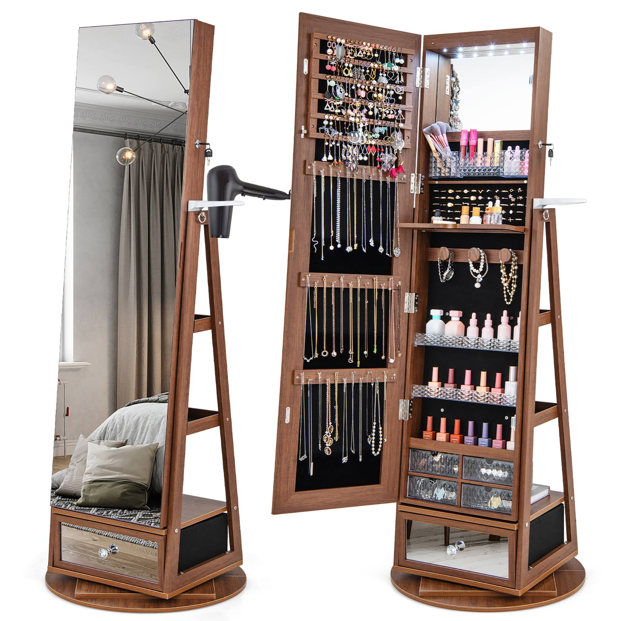 Front. Gymax - Gymax 360° Swivel Jewelry Cabinet Full Length Mirror w/Built-in Lights Walnut - Walnut.