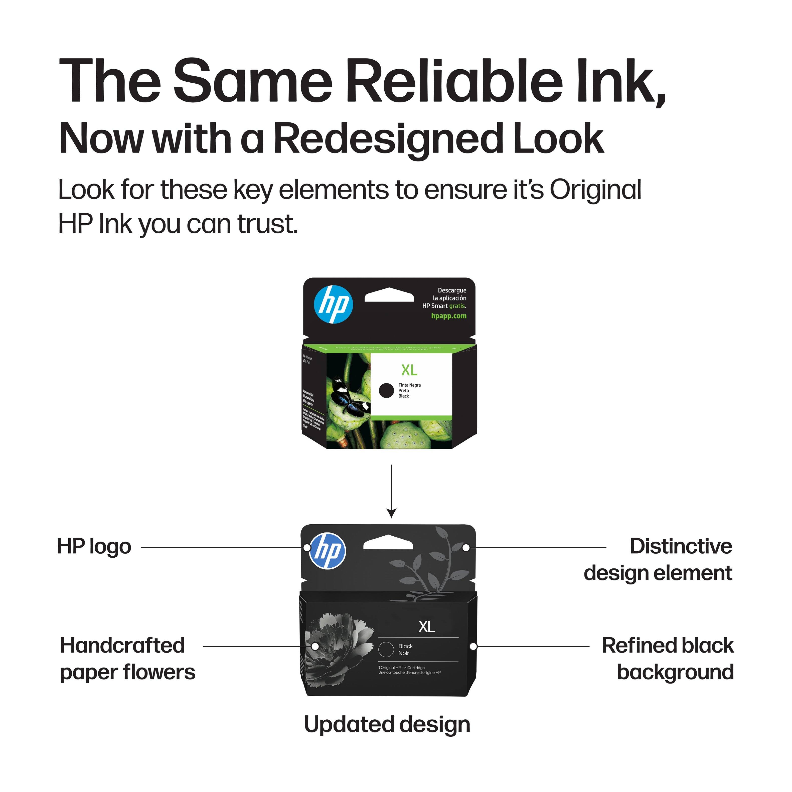 The Same Reliable Ink, Now with a Redesigned Look

Look for these key elements to ensure it's Original HP Ink you can trust.

- HP logo
- Handcrafted paper flowers
- Distinctive design element
- Refined black background
- Updated design