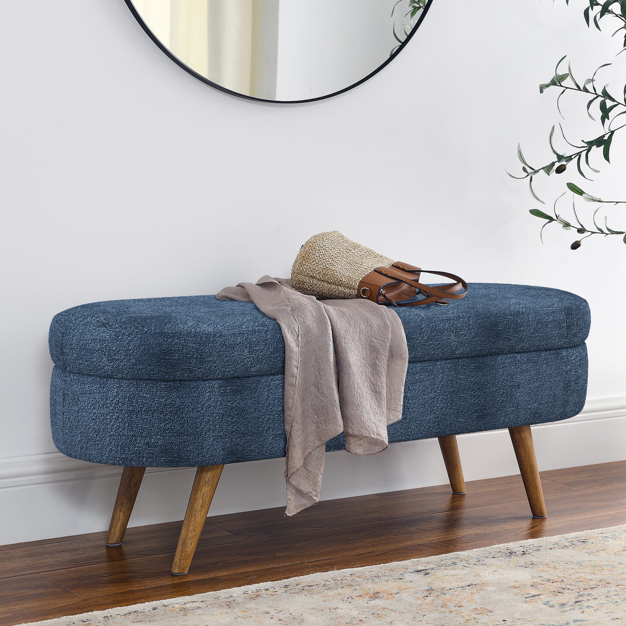GOODSILO - Elegant Fabric Storage Ottoman Bench with Wooden Legs for Living Room or Bedroom Footrest and Seating - Dark Blue