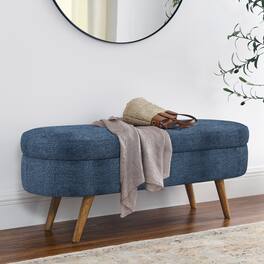 Z-Edge - Oval Storage Bench, 43.5" Fabric Upholstered Entryway Bench with Wood Legs, Ottoman Bench Indoor Bench for Living Room - Dark Blue