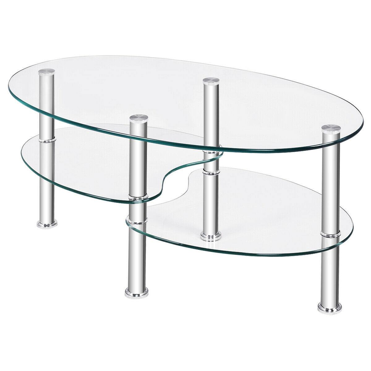 Alt View 8. Costway - Costway Tempered Glass Oval Side Coffee Table Shelf Chrome Base Living Room Clear - Clear.