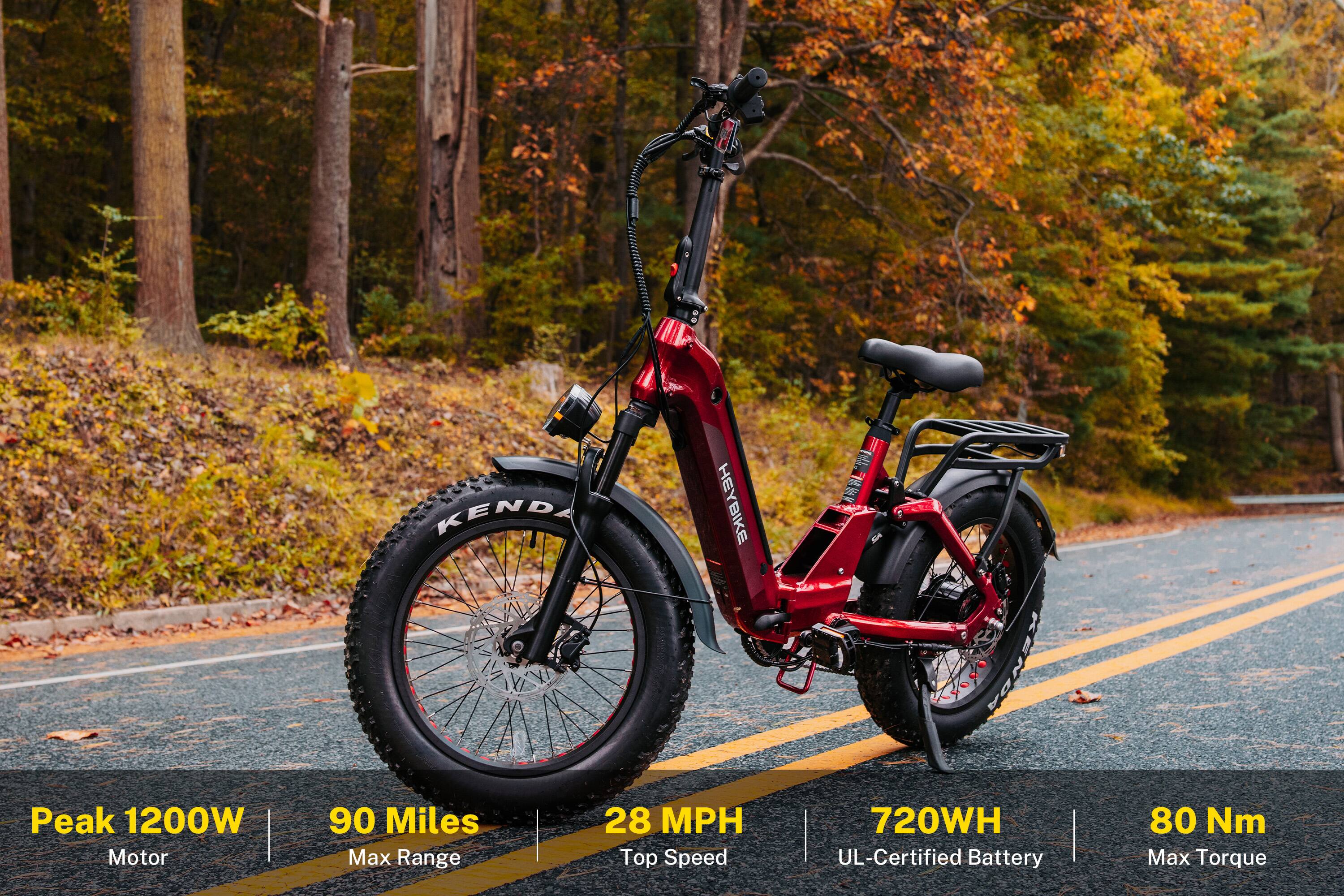 KENDA HEYBIKE  
KENDA Peak 1200W Motor  
90 Miles Max Range  
28 MPH Top Speed  
720WH UL-Certified Battery  
80 Nm Max Torque