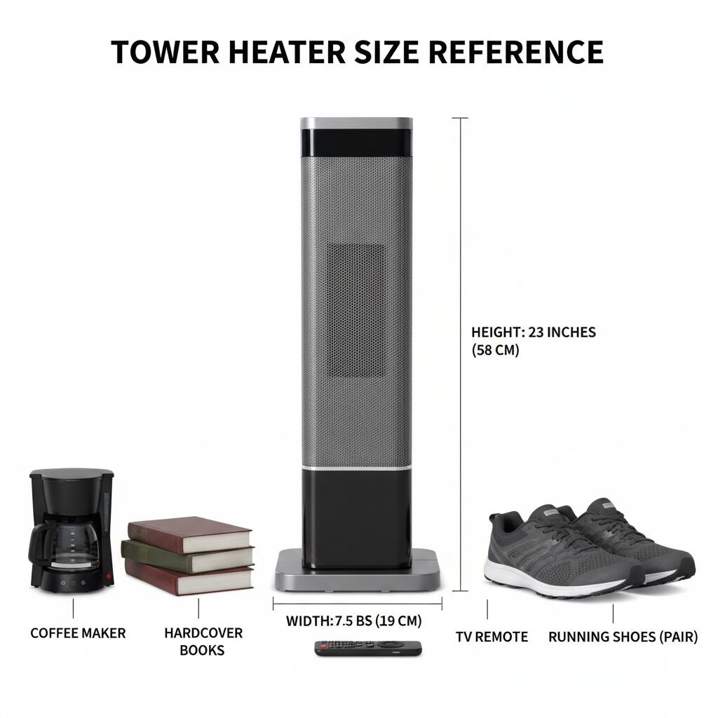 TOWER HEATER SIZE REFERENCE

HEIGHT: 23 INCHES (58 CM)

WIDTH: 7.5 INCHES (19 CM)

COFFEE MAKER

HARDCOVER BOOKS

TV REMOTE

RUNNING SHOES (PAIR)