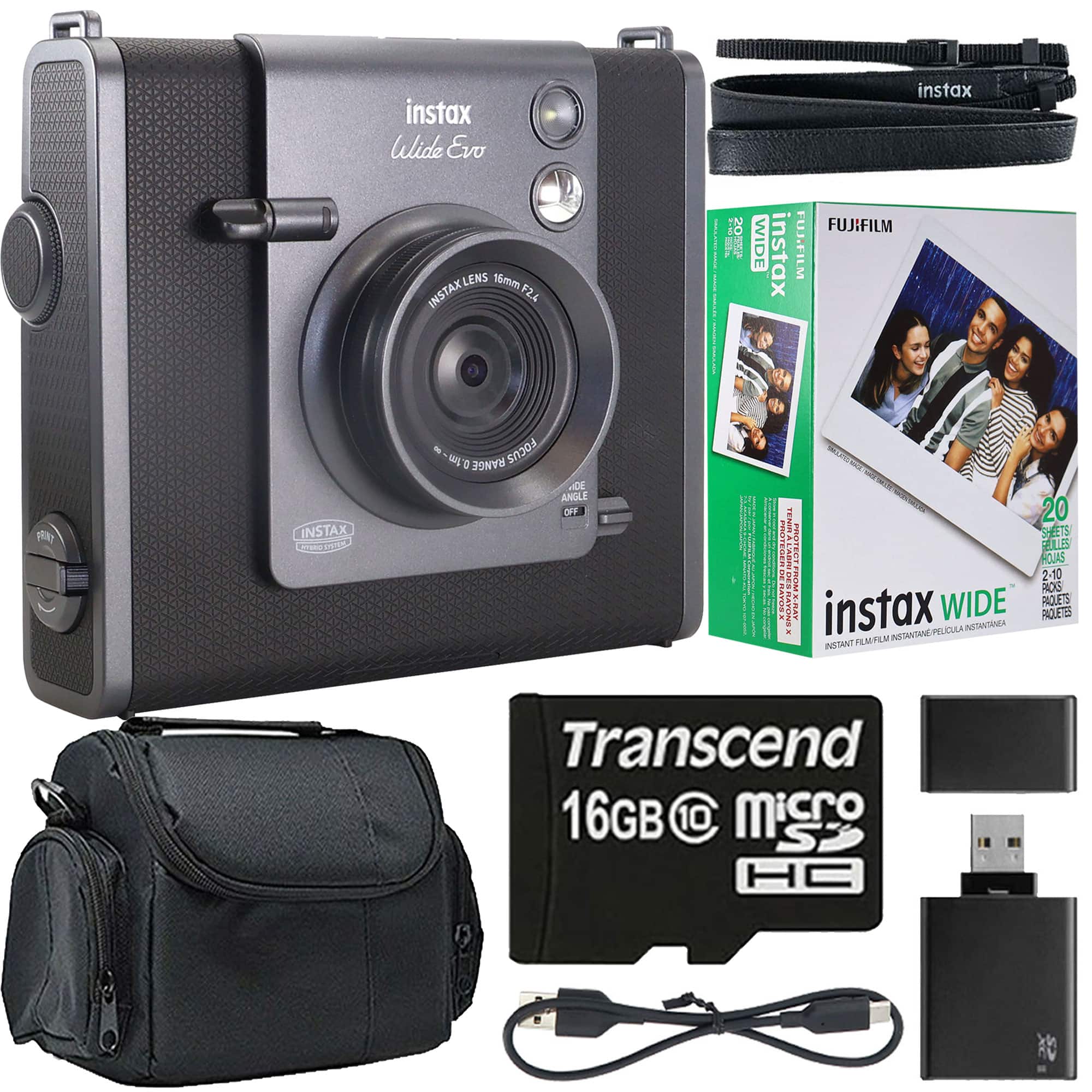 Fujifilm - instax WIDE EVO Hybrid Instant Film Camera with Film + 16GB Memory Card All You Need Accessory Kit - Black