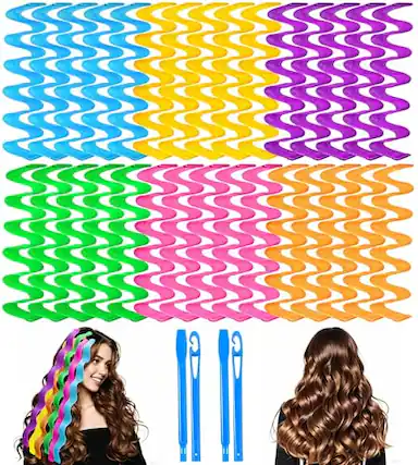 Front. DORLUKFU - 30 Pcs Heatless Hair Curlers Wave Curls Styling Kit with 2 Pcs Styling Hooks, No Heat Hair Curlers Heatless Wave Curlers.
